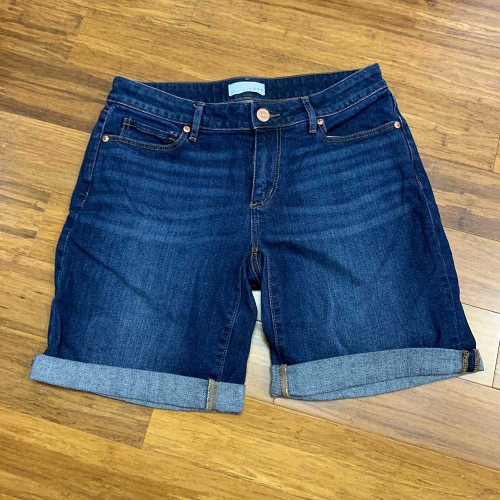 LOFT Denim Shorts Womens Size 27/4 Dark‎ Wash Cuffed Bermuda Mid Rise Cotton